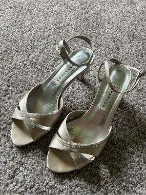 Caparros Satin Open-Toe Ankle Strap Heels in Champagne
